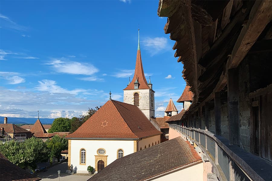 Views from the rear ring wall in Murten - German Church in view